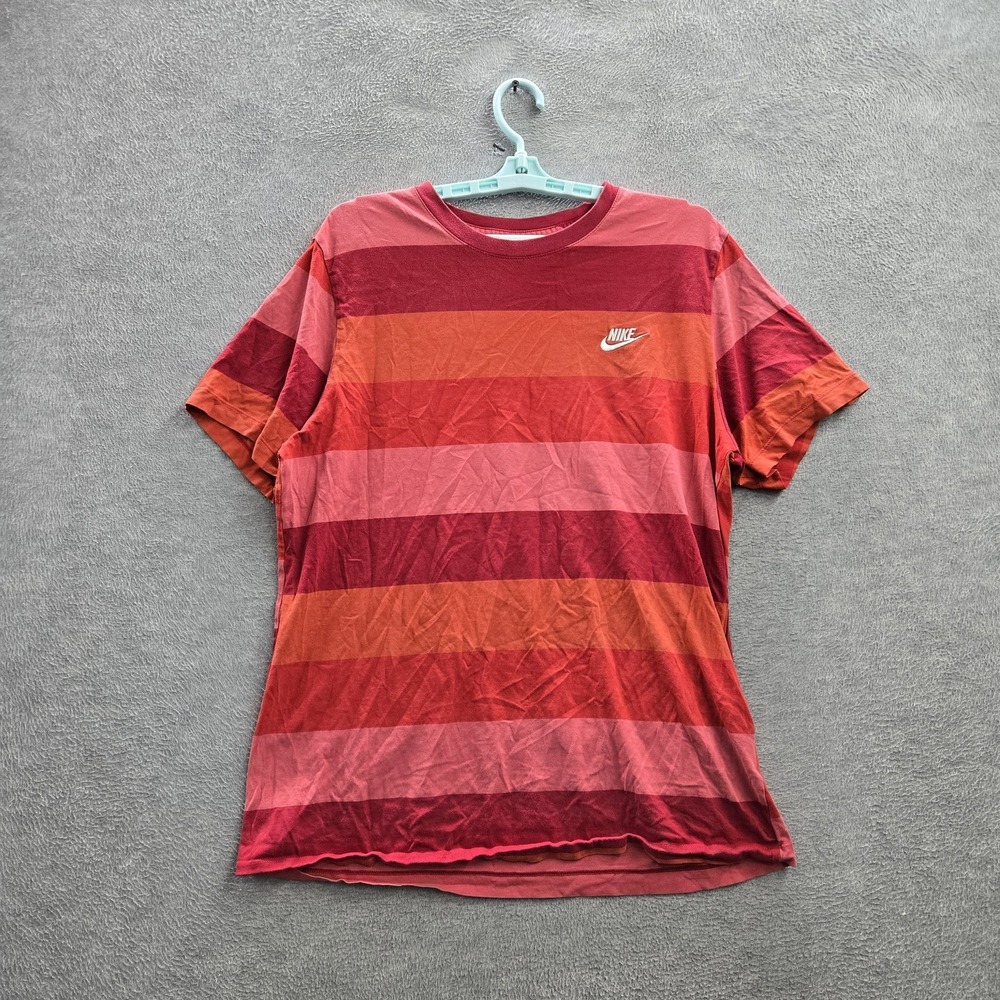 Nike Men Shirt‎ L Red Embroidered Rugby Striped Logo Short Sleeve